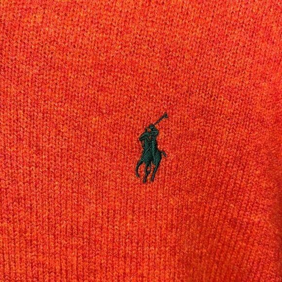 Orange w/ Blue Pony Lambswool Polo by Ralph Lauren v neck LS winter wool sweater - Picture 2 of 4